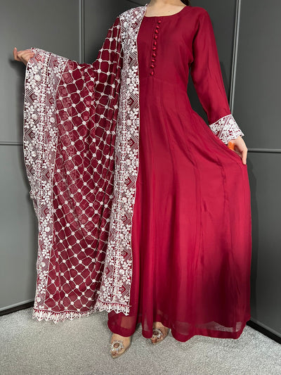 MAROON Ready to wear 3 piece Embroidered maxi dress