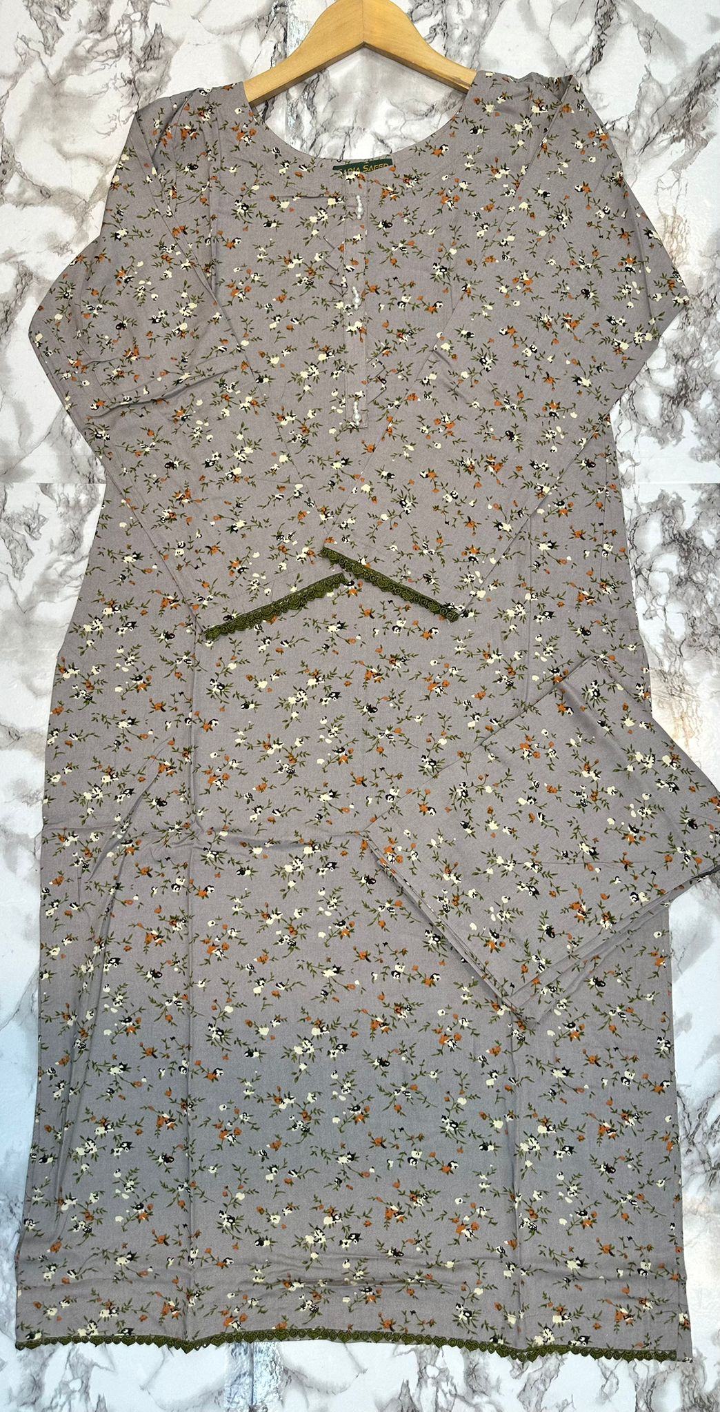 Floral Printed Stone Linen Suit - Trouser 2 Pc Set