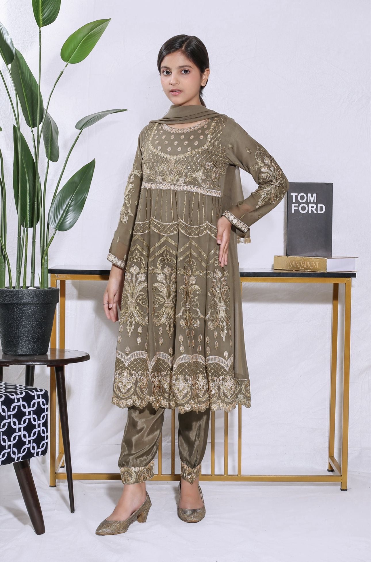 Mother & Daughter Ready to Wear Chiffon Maxi Dress OLIVE D-215| Shop Pakistani Dresses