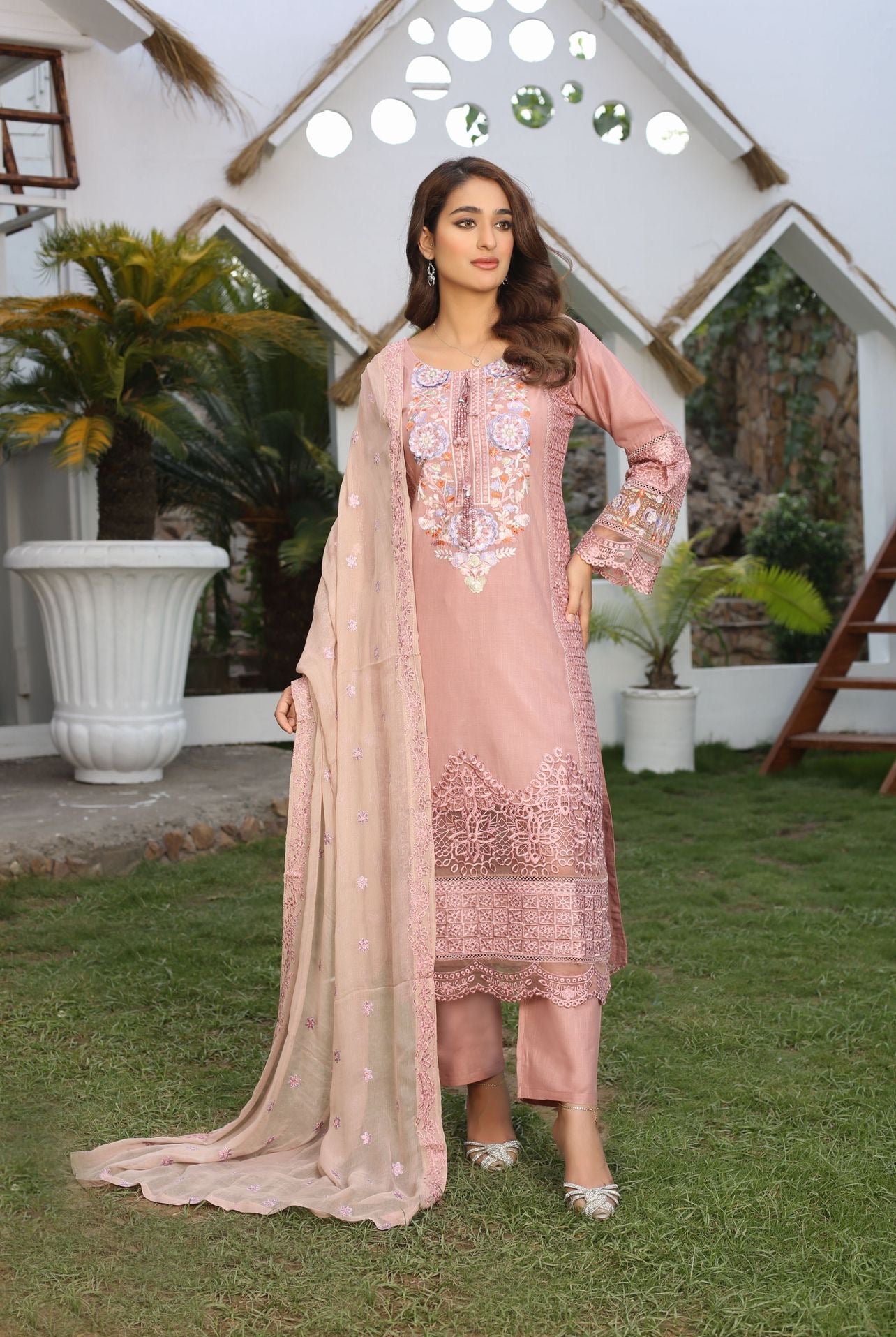 3 Pc Stitched Lawn Cotton Suit Embroidered Chiffon Dupatta Dusty Pink D-5