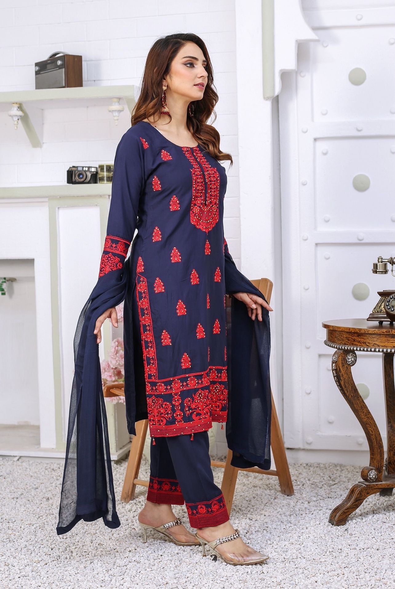 Embroidered Readymade Linen Suit Blue TS-95 | Shop Pakistani Dresses