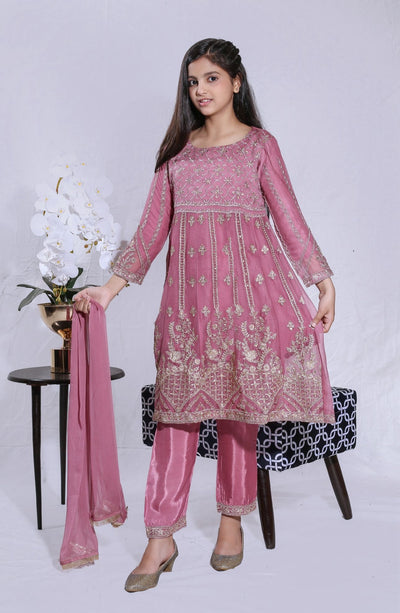 Mother & Daughter Ready to Wear Chiffon Maxi Dress PINK D-213| Shop Pakistani Dresses
