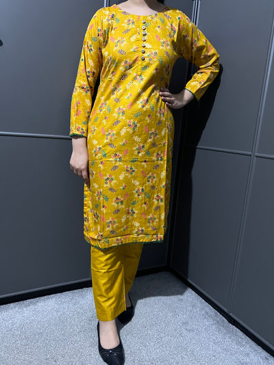 D-56 Mustard Printed 2 Piece Winter Dhanak Suit