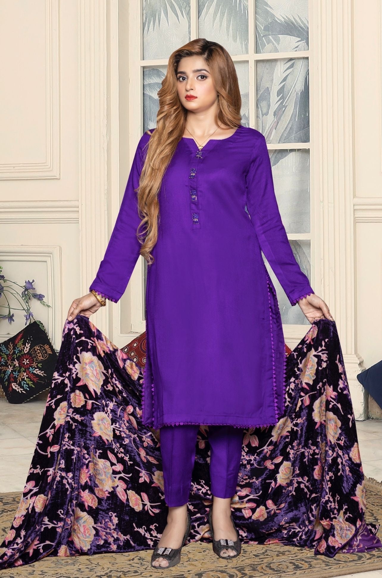 Cadbury Purple - 3 Piece Dhanak  Suit With Velvet Palachi Shawl