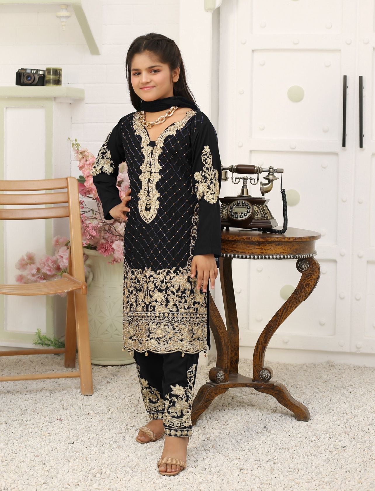 Embroidered Readymade Linen Mother & Daughter Suit Black TS-218 | Shop Pakistani Dresses