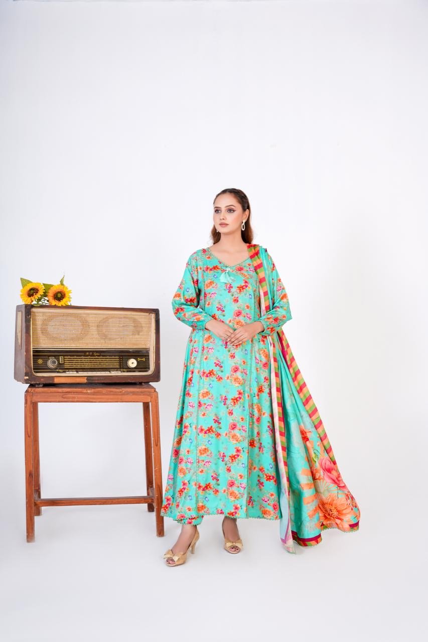 3 Pc Floral Printed Winter Linen Frock With Linen Dupatta D-301