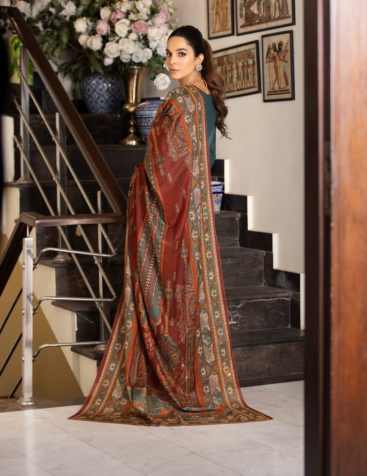 3 Pc Designer Lawn Cotton Suit With Organza Dupatta Green D-4010