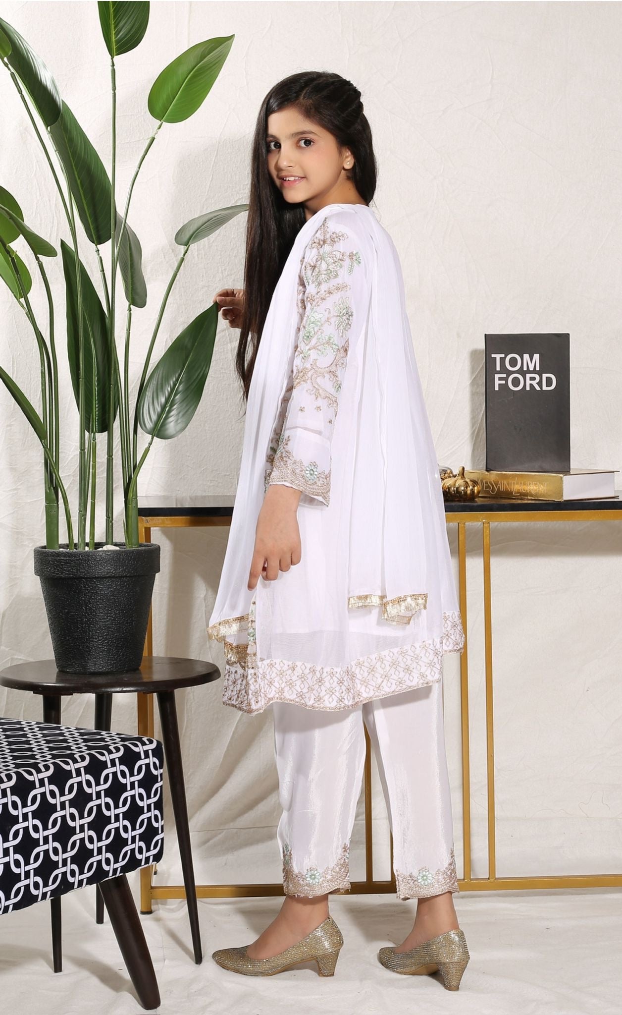 Mother & Daughter Ready to Wear Chiffon Maxi Dress WHITE D-211| Shop Pakistani Dresses