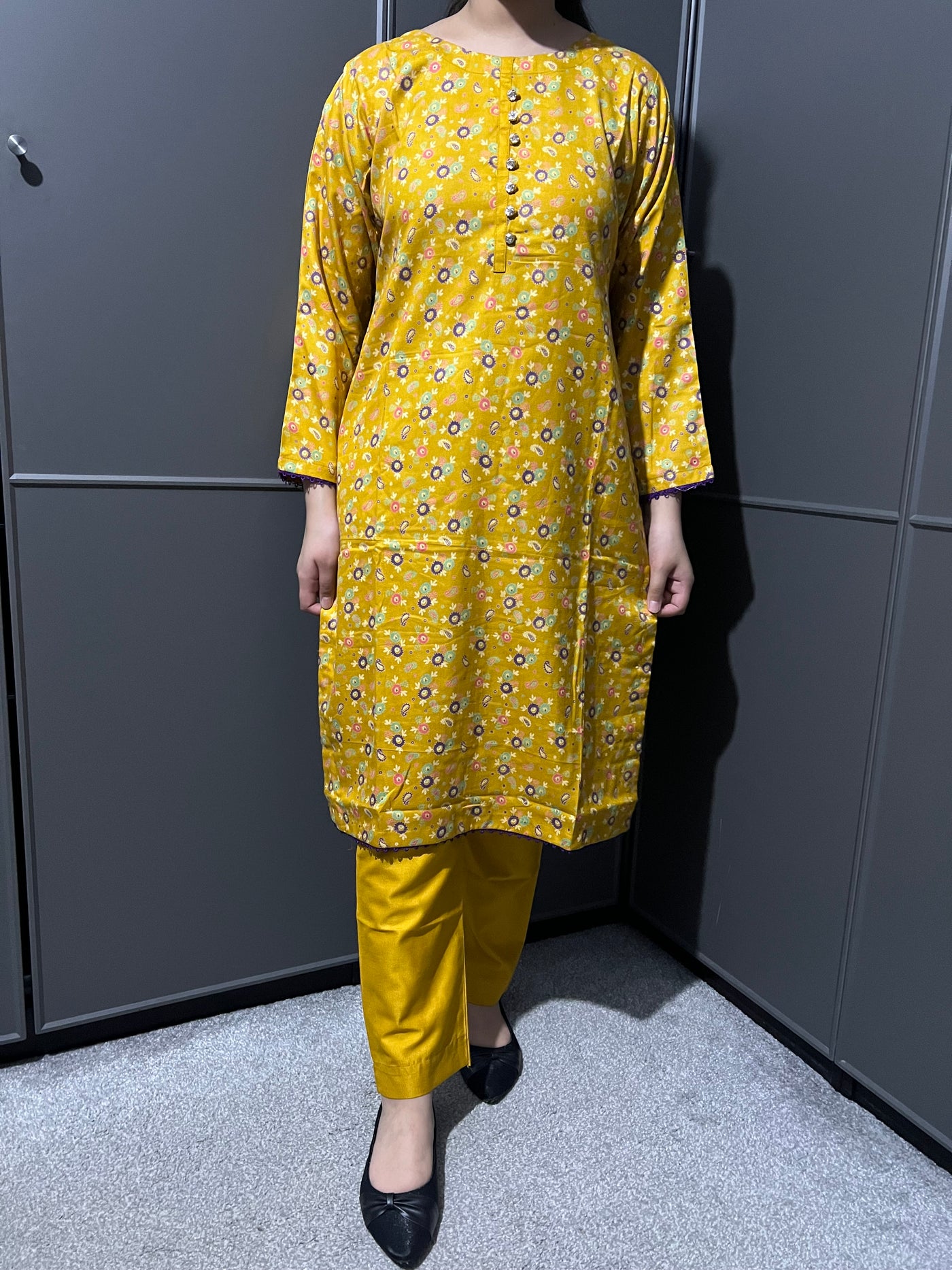 D-55 Mustard Printed 2 Piece Winter Dhanak Suit