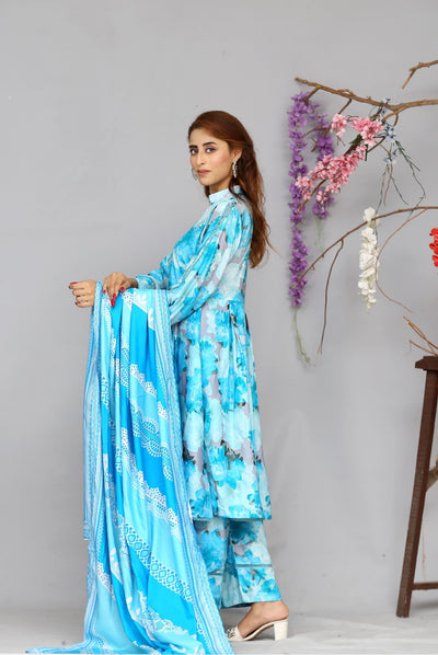 3 Pc Floral Printed Winter Linen Frock With Linen Dupatta D-202