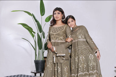 Mother & Daughter Ready to Wear Chiffon Maxi Dress OLIVE D-215| Shop Pakistani Dresses