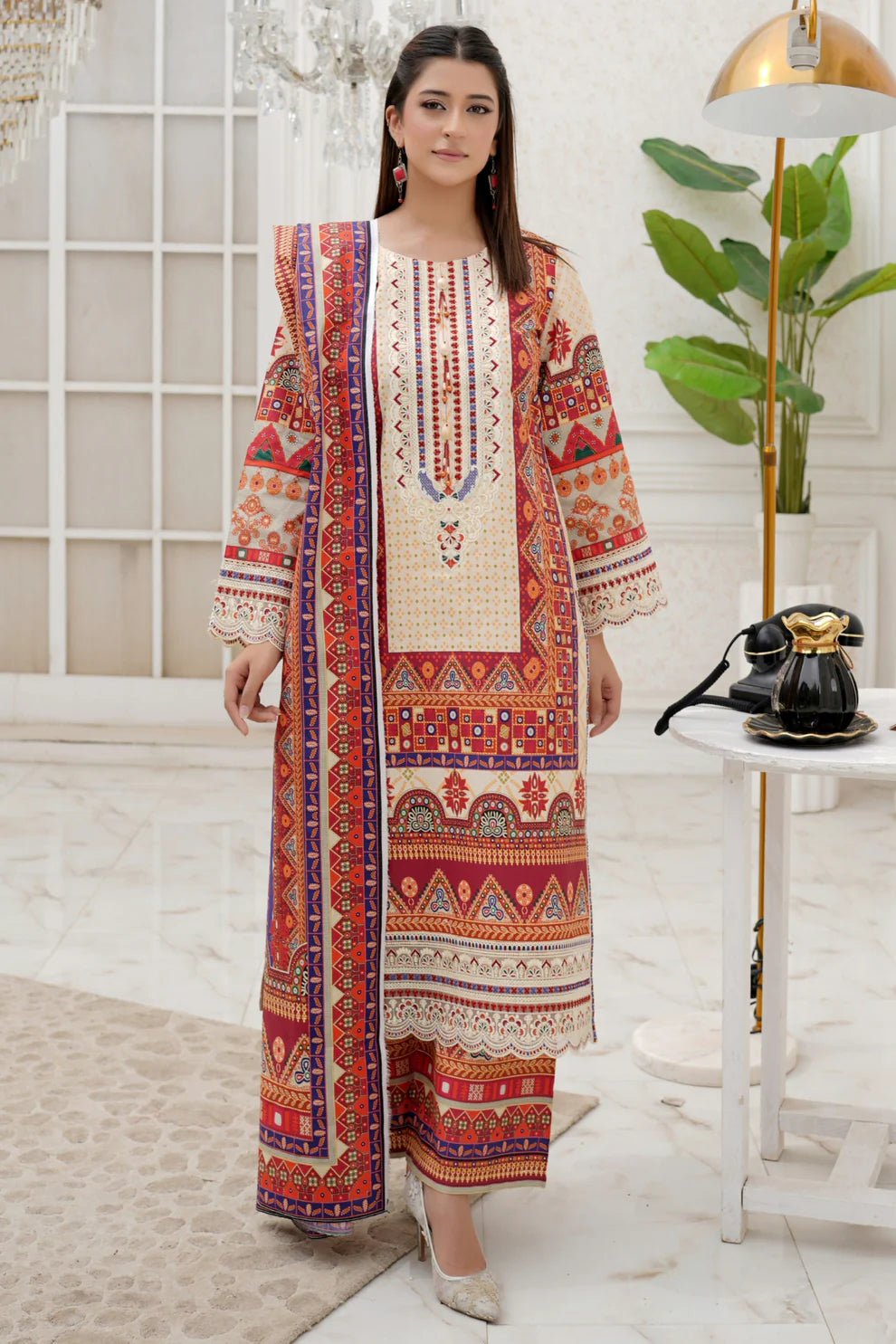 3 Piece Winter Embroidered Khaddar Cotton Plazzo Suit