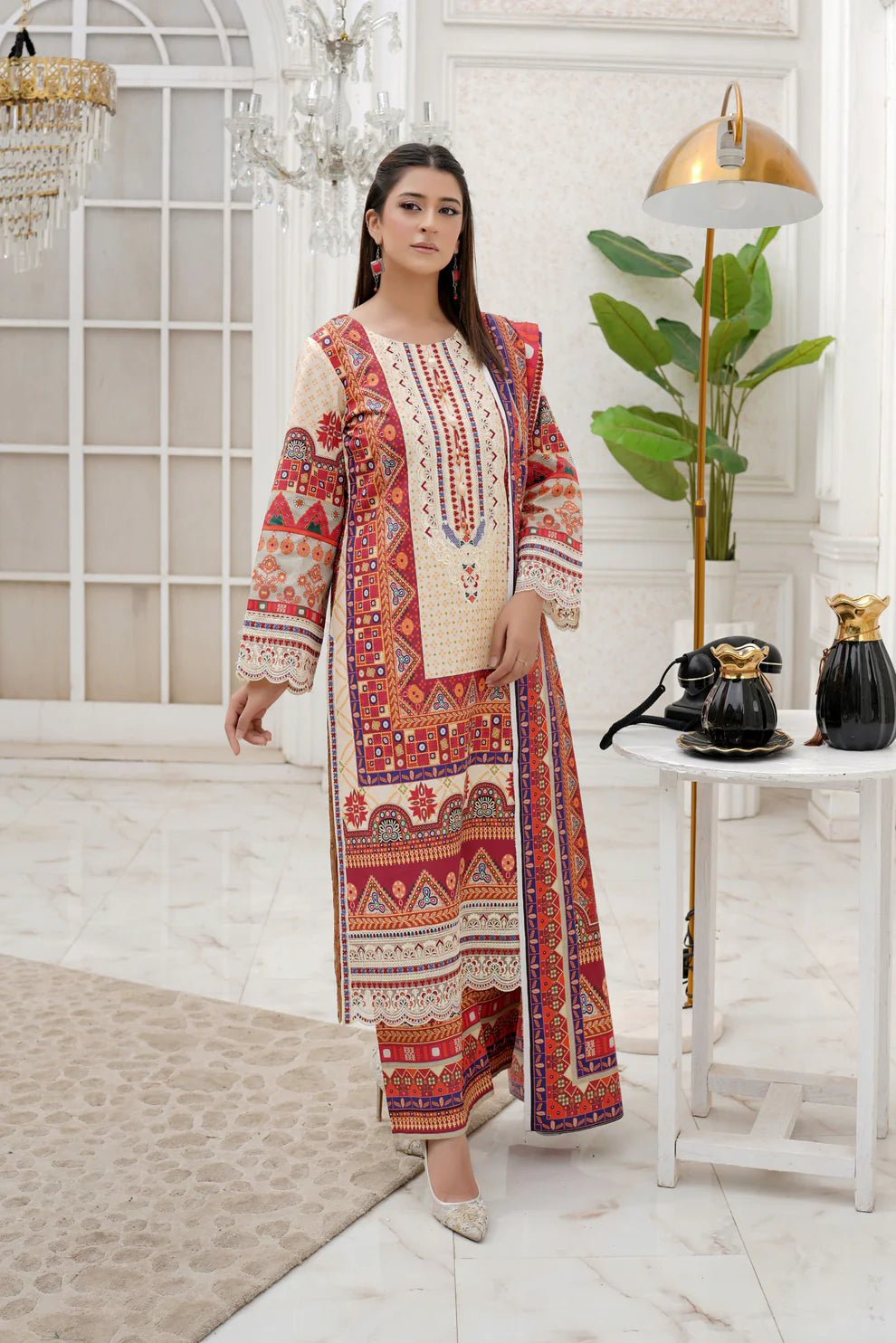 3 Piece Winter Embroidered Khaddar Cotton Plazzo Suit