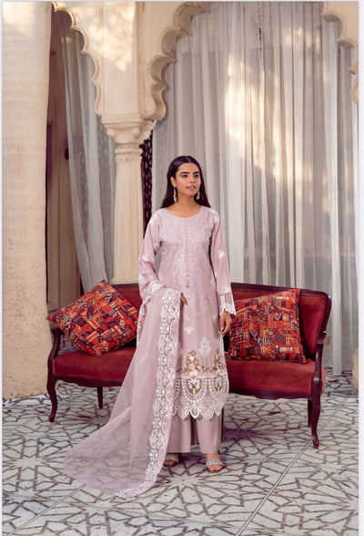 Dust Pink - Embroidered Linen Suit with Organza Dupatta