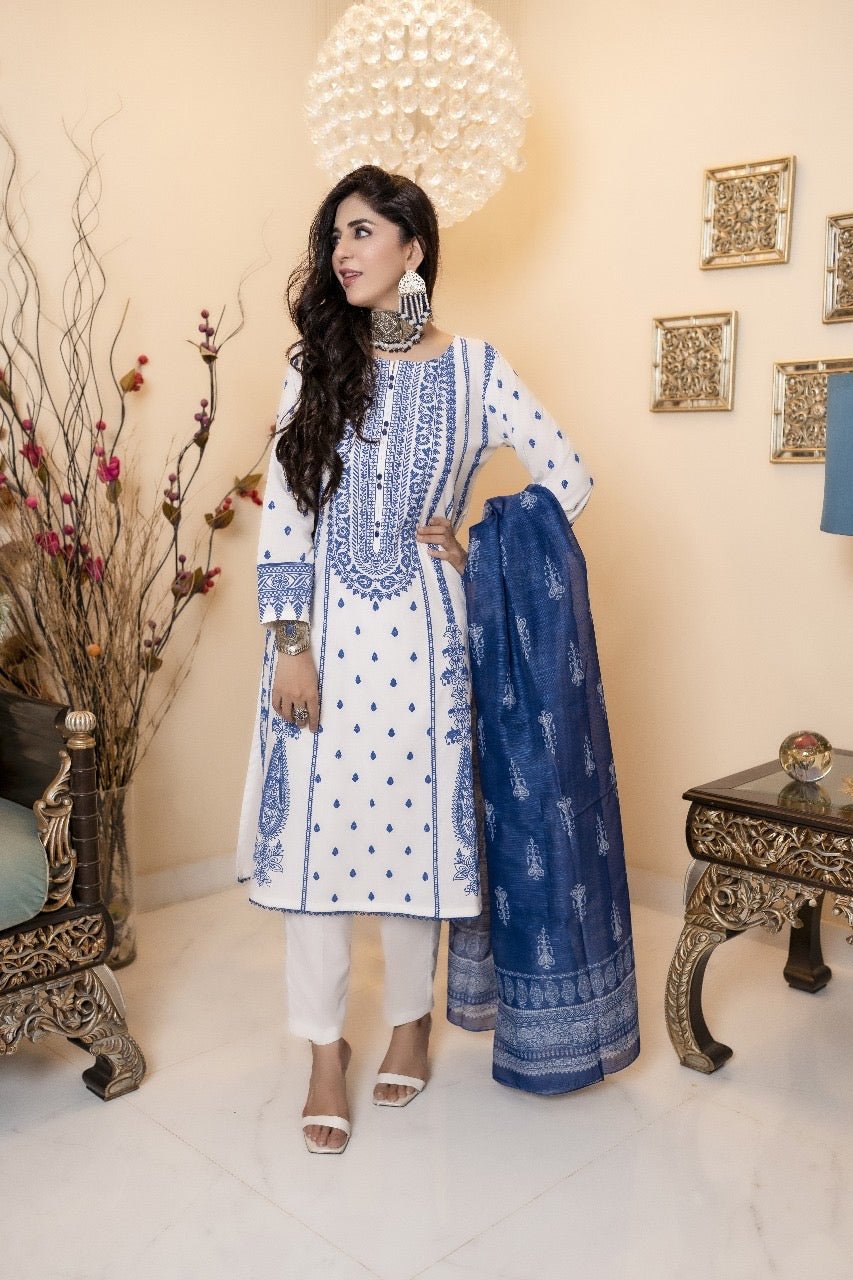 White 3 Pc  Emboss Printed Lawn Cotton  Readymade Suit -2702