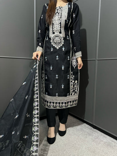 Embroidered Linen Organza Suit with Organza Dupatta - Comfortable and Stylish