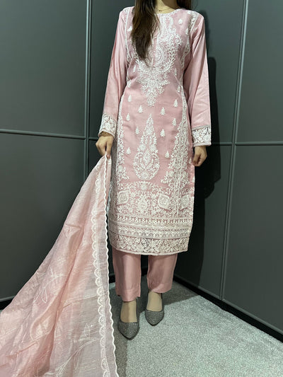 Embroidered Linen Organza Suit with Organza Dupatta - Comfortable and Stylish