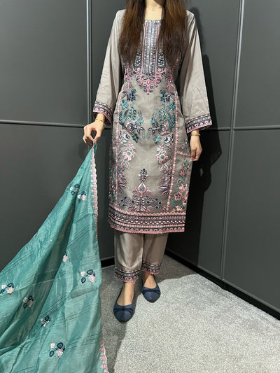 Embroidered Linen Organza Suit with Organza Dupatta - Comfortable and Stylish