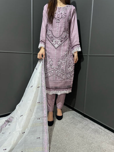 Embroidered Linen Organza Suit with Organza Dupatta - Comfortable and Stylish