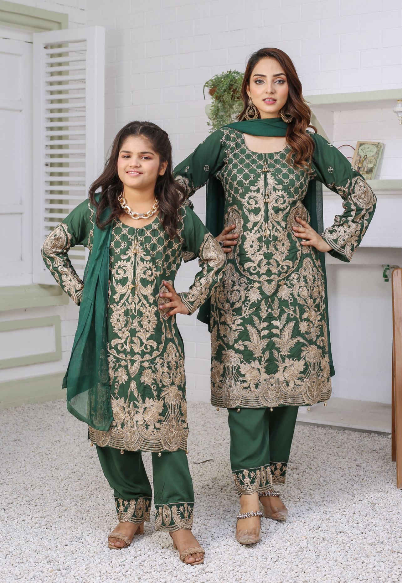 Embroidered Readymade Linen Mother & Daughter Suit Green TS-215 | Shop Pakistani Dresses