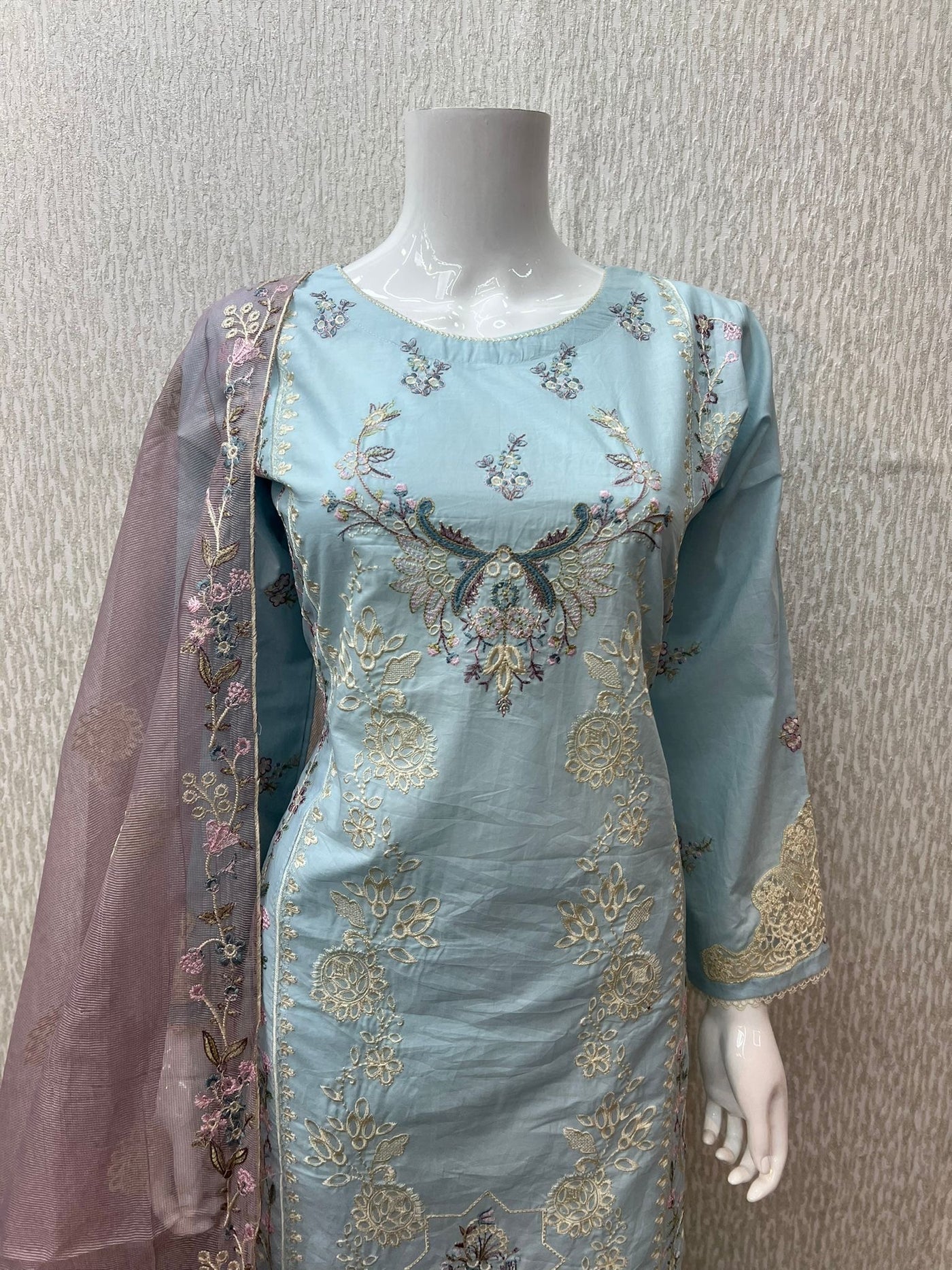 3 Pc Stitched Lawn Cotton Suit Embroidered Cotton Net Dupatta Sky Blue D-15