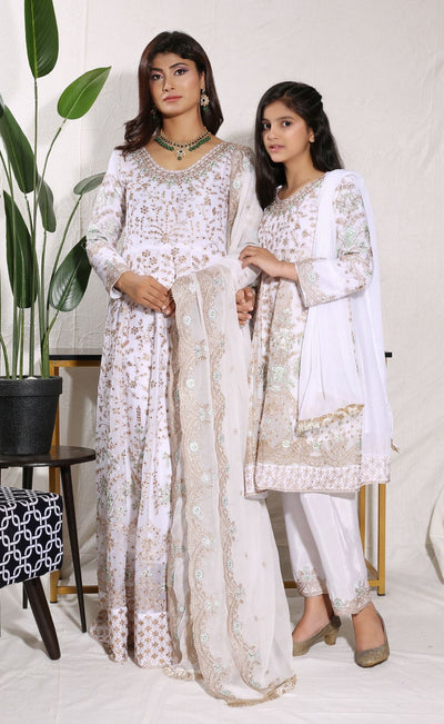 Mother & Daughter Ready to Wear Chiffon Maxi Dress WHITE D-211| Shop Pakistani Dresses