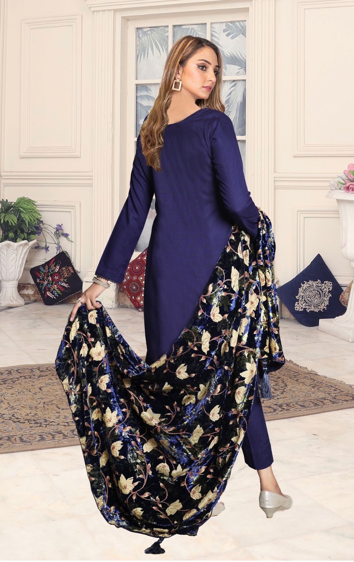 Blue - 3 Piece Dhanak Suit With Velvet Palachi Shawl – Mahham Collection