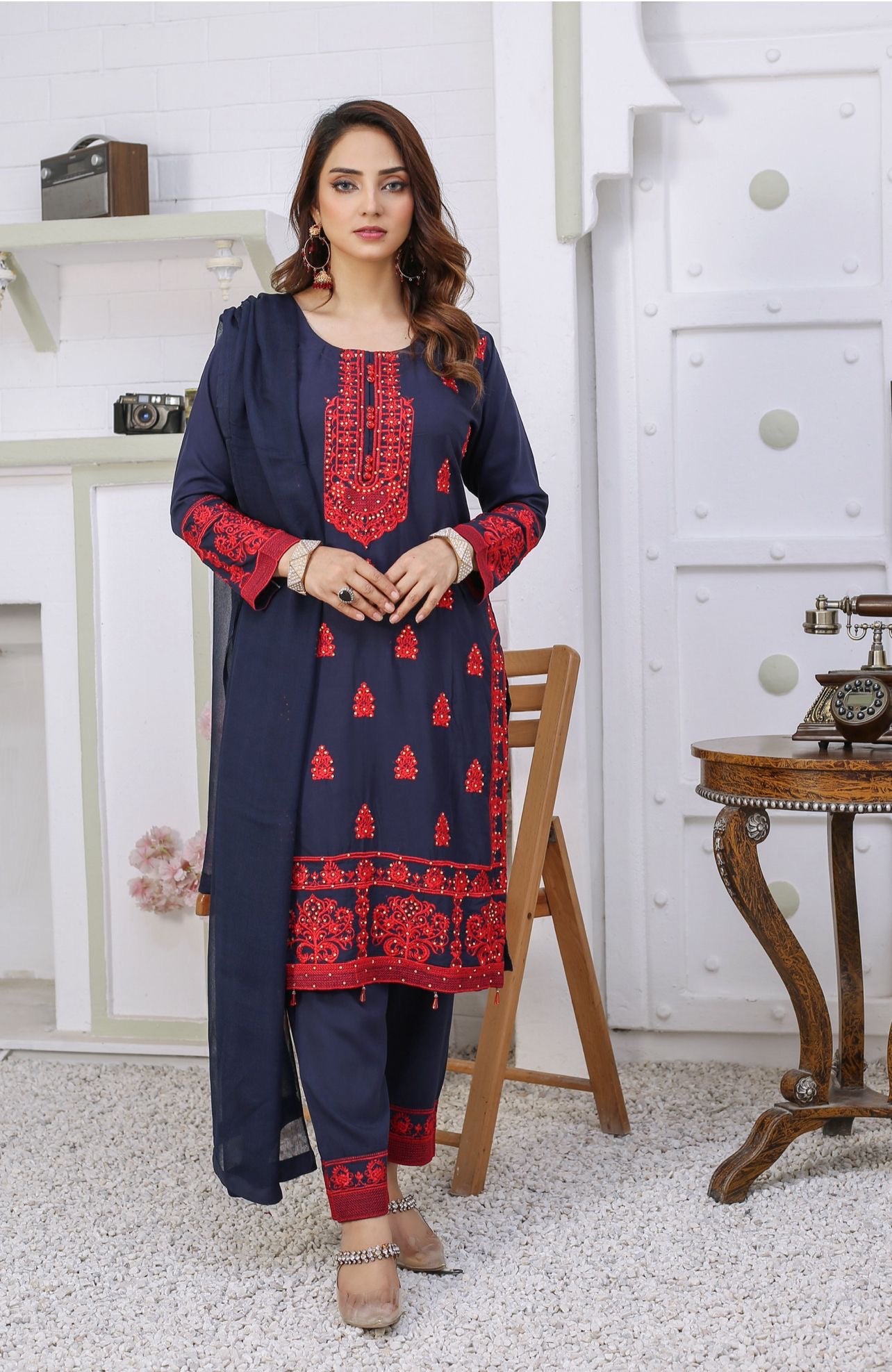 Embroidered Readymade Linen Suit Blue TS-95 | Shop Pakistani Dresses