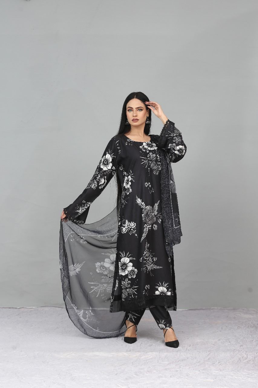Floral Digital Linen Designer Printed 3 Piece Ready to Wear Suit for Women