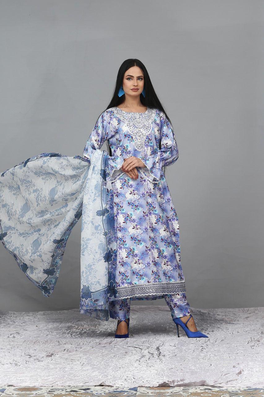 Floral Embroidery Digital Linen Designer Printed 3 Piece Ready to Wear Suit for Women