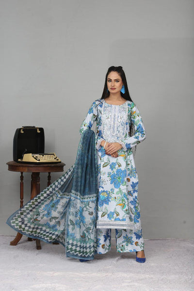 Floral Embroidery Digital Linen Designer Printed 3 Piece Ready to Wear Suit for Women