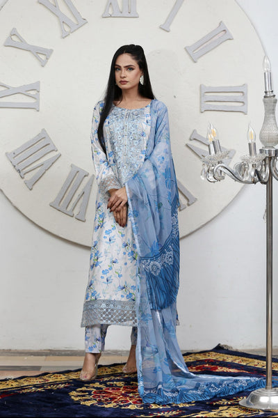 Floral Embroidery Digital Linen Designer Printed 3 Piece Ready to Wear Suit for Women