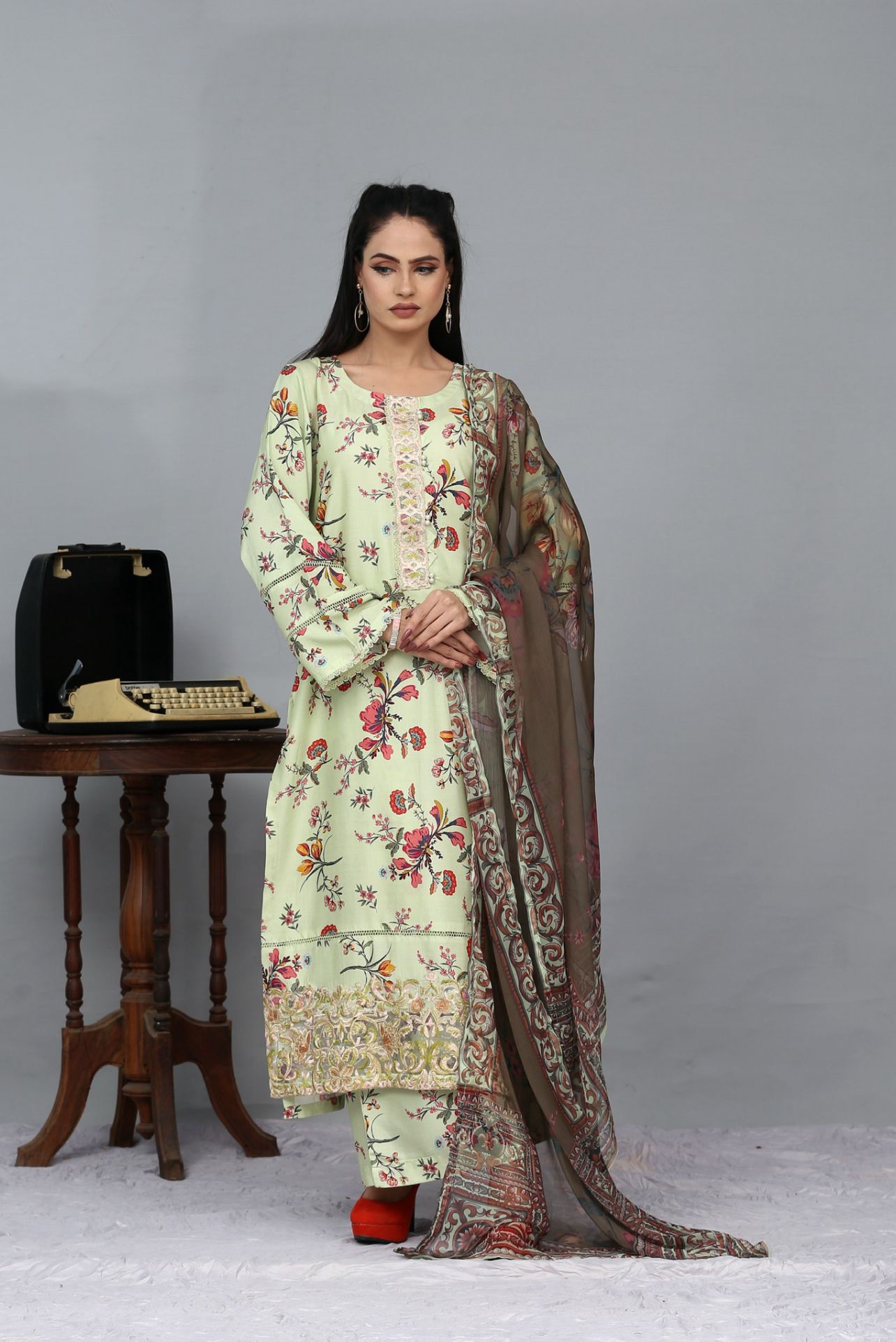 Floral Embroidery Digital Linen Designer Printed 3 Piece Ready to Wear Suit for Women