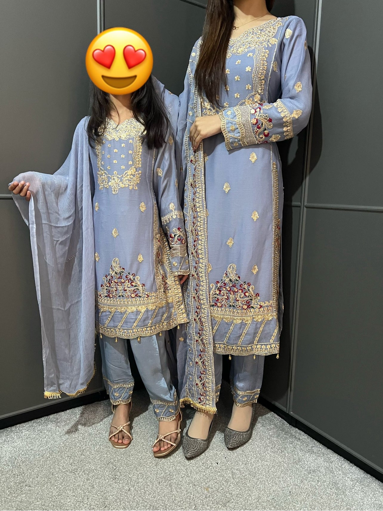 Gray Embroidered Chiffon Mother & Daughter Ready to Wear Collection - Perfect for Family Outfits