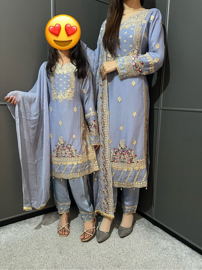 Gray Embroidered Chiffon Mother & Daughter Ready to Wear Collection - Perfect for Family Outfits