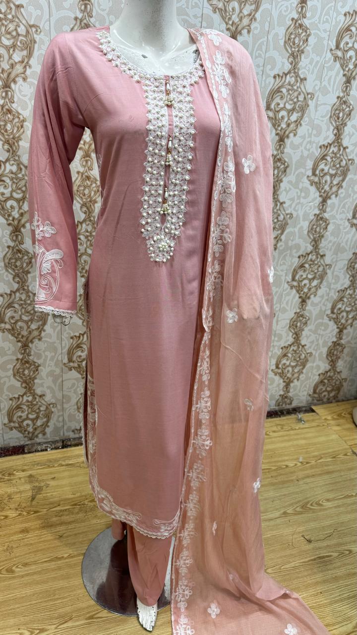 Baby Pink 3 Piece Embroidered Linen Plazzo Outfit  D-1108