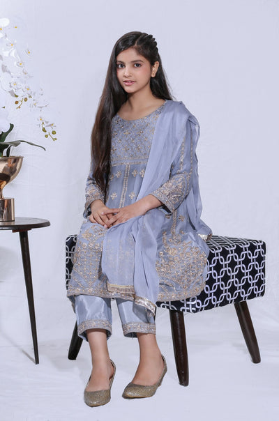 Mother & Daughter Ready to Wear Chiffon Maxi Dress GRAY D-214| Shop Pakistani Dresses