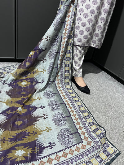 3 Pc Floral Printed Linen Suit With  Dupatta