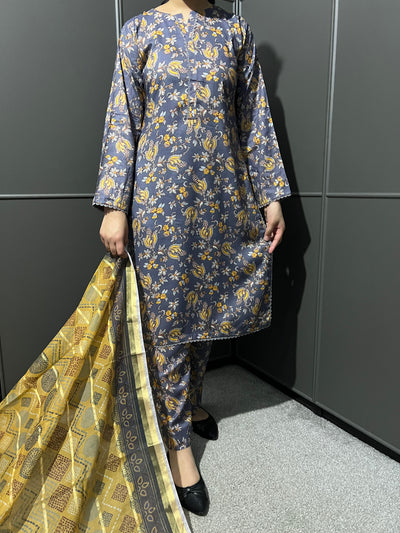 3 Pc Floral Printed Linen Suit With  Dupatta