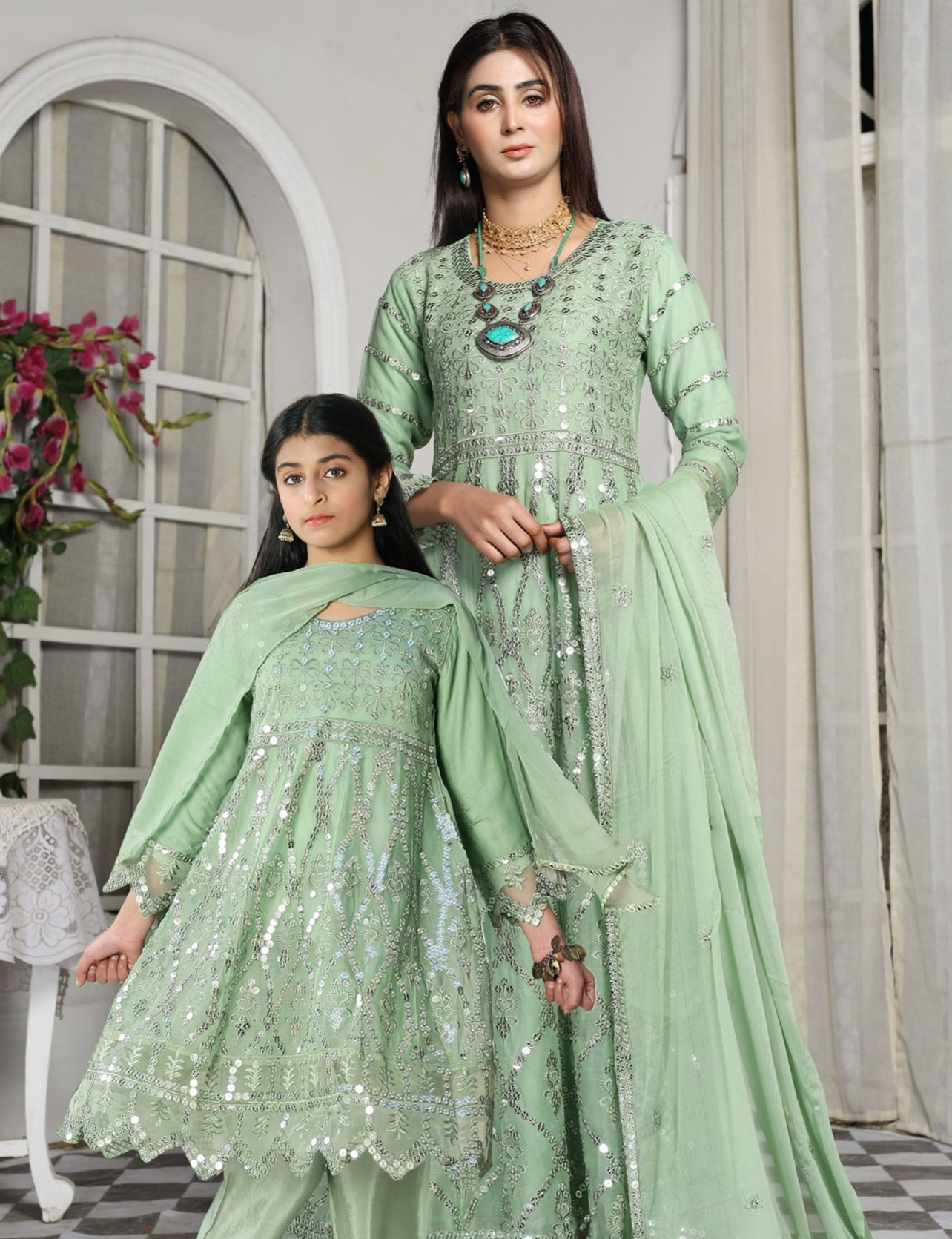 Mother & Daughter Ready to wear 3 Piece Embroidered Chiffon Maxi Dress PISTA D-202