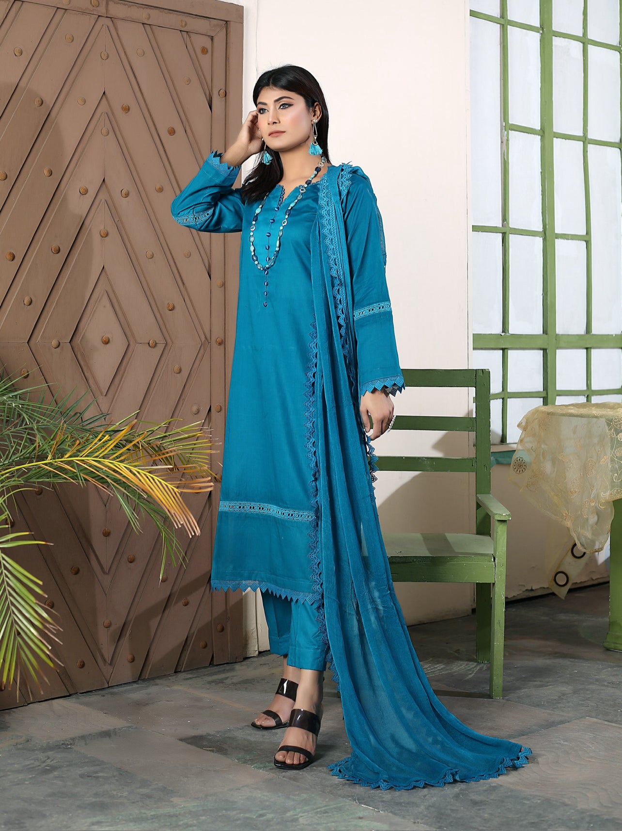 3-PIECE CAMBRIC LAWN  STITCHED SUIT TEAL GEEN -D 863