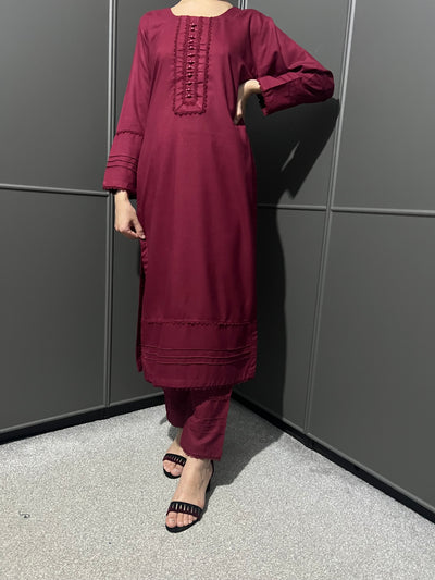 D-10 Maroon Dhanak 2pc Plain Trouser Set Readymade Soft Material