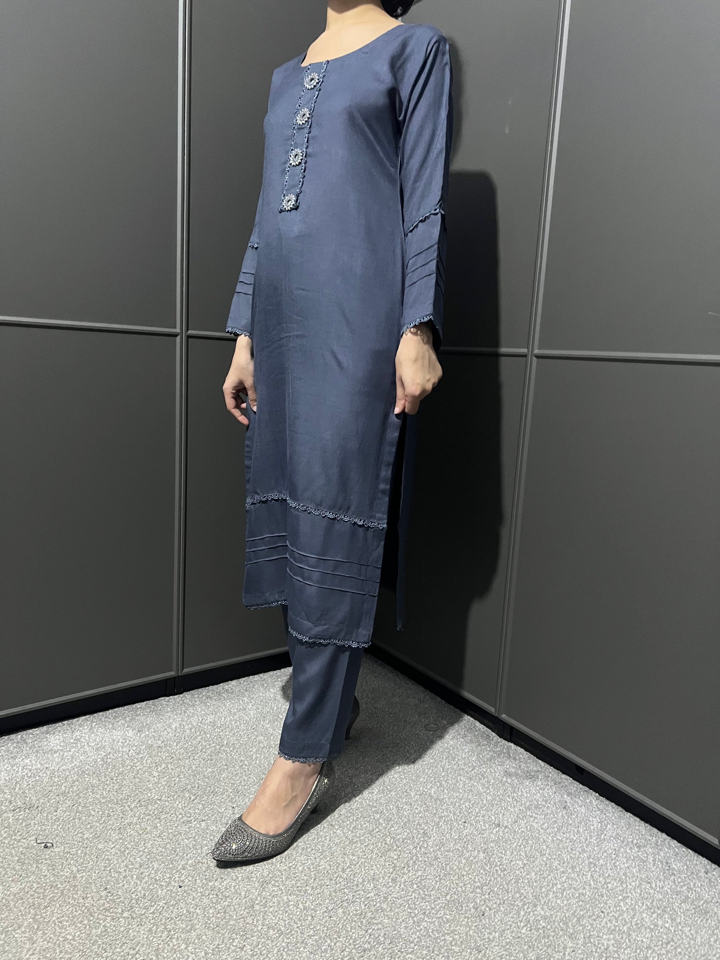 D-12 Gray Dhanak 2pc Plain Trouser Set Readymade Soft Material