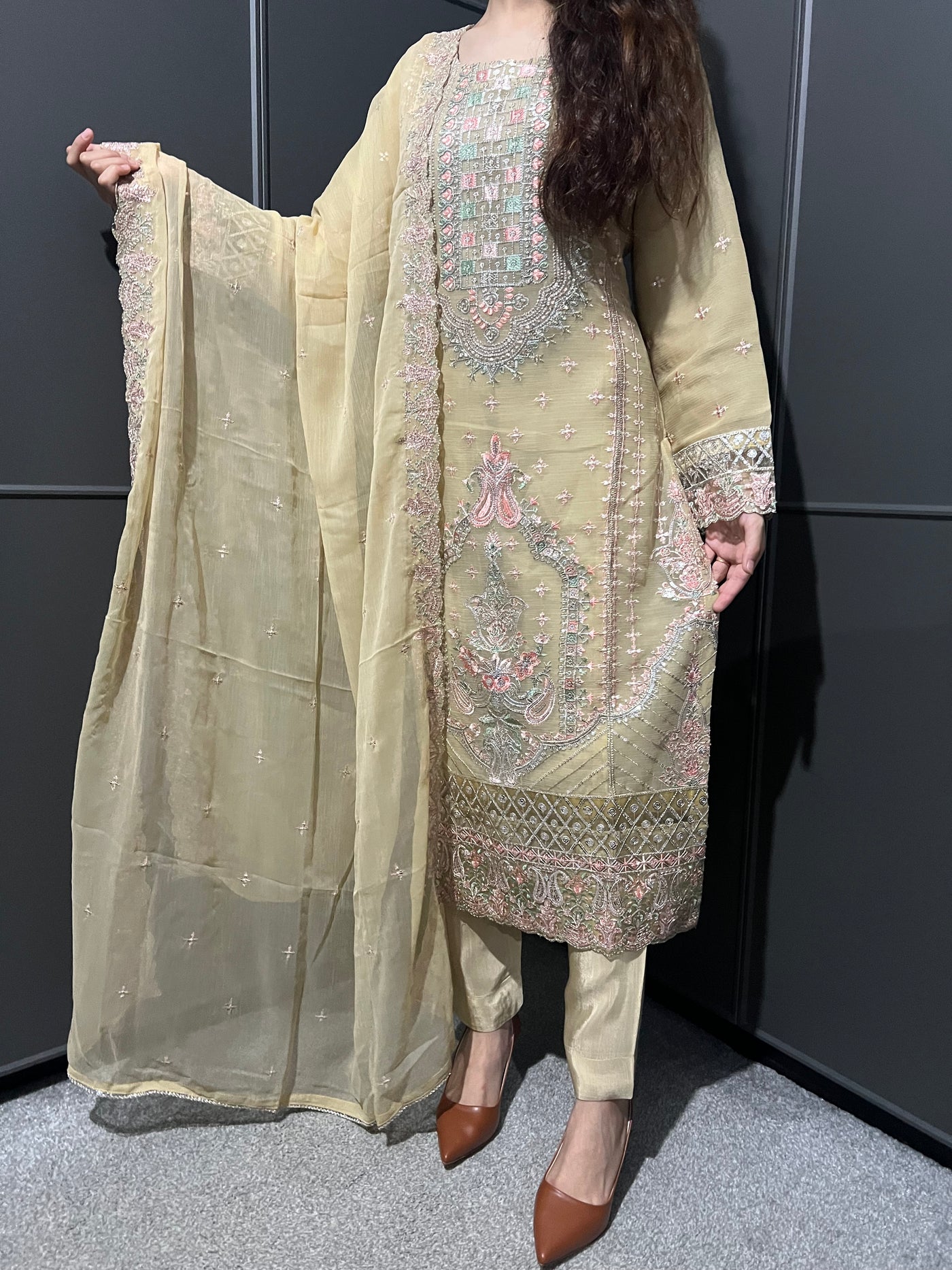 Gold 3Pc Embroidered Chiffon Collection With Embroidered Chiffon Dupatta