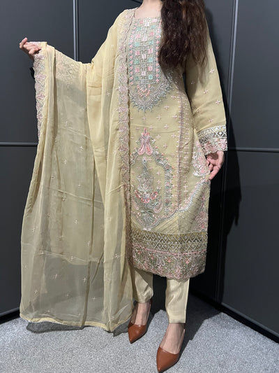 Gold 3Pc Embroidered Chiffon Collection With Embroidered Chiffon Dupatta