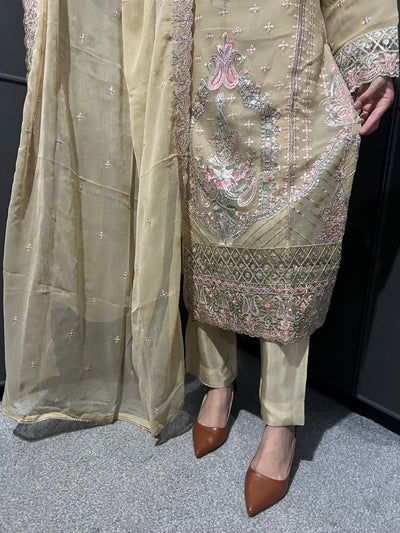 Gold 3Pc Embroidered Chiffon Collection With Embroidered Chiffon Dupatta