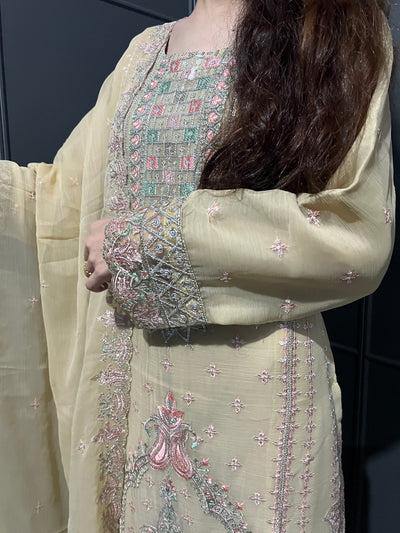 Gold 3Pc Embroidered Chiffon Collection With Embroidered Chiffon Dupatta