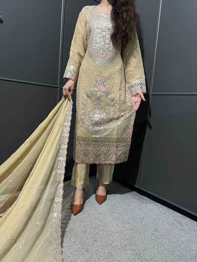 Gold 3Pc Embroidered Chiffon Collection With Embroidered Chiffon Dupatta