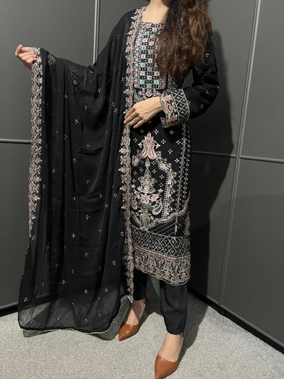 Black 3Pc Embroidered Chiffon Collection With Embroidered Chiffon Dupatta
