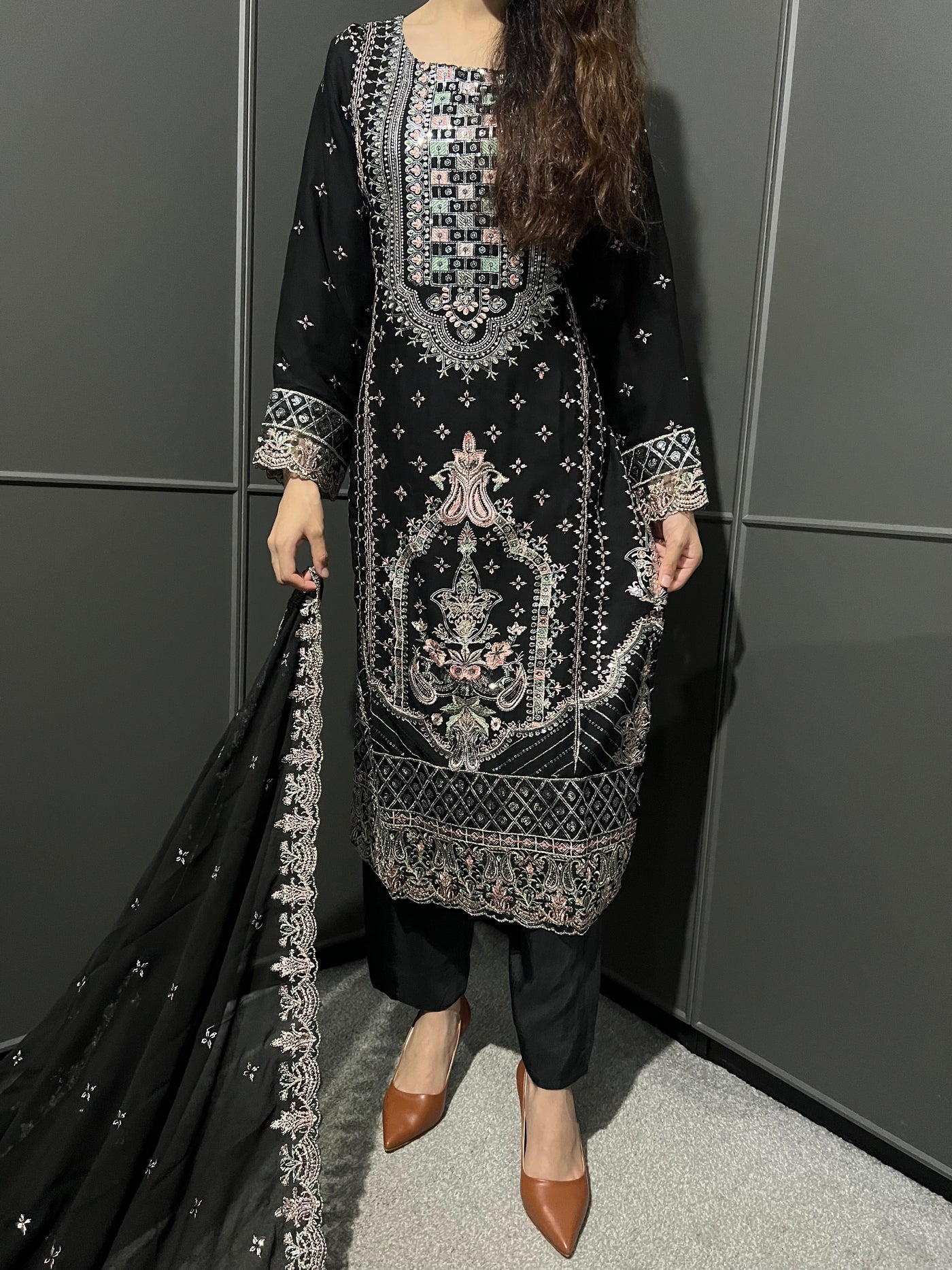 Black 3Pc Embroidered Chiffon Collection With Embroidered Chiffon Dupatta